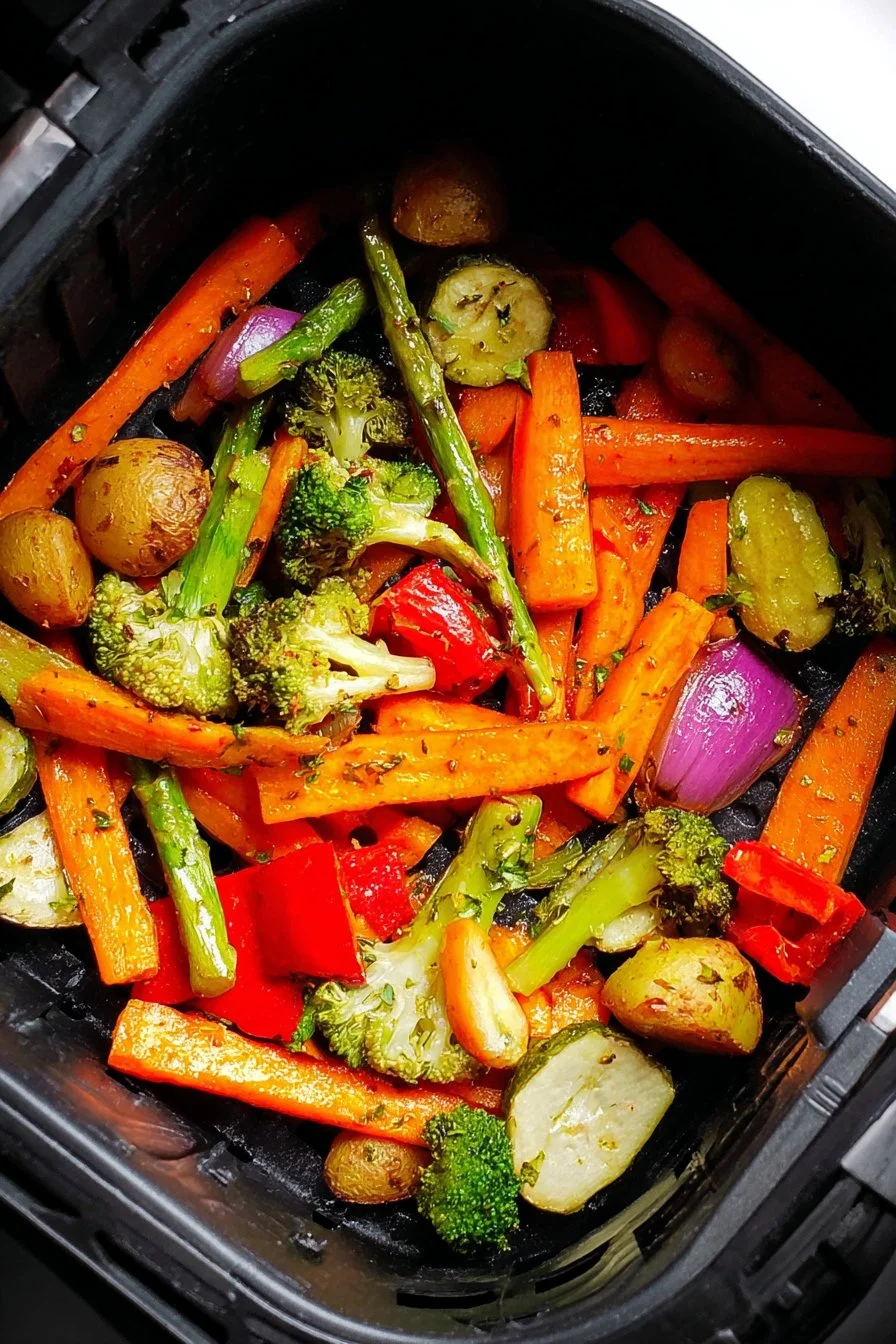 Colorful air fryer vegetables served in a bowl, showcasing healthy meal options.