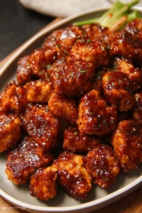 Baked Honey BBQ Chicken Bites served on a platter with dipping sauce