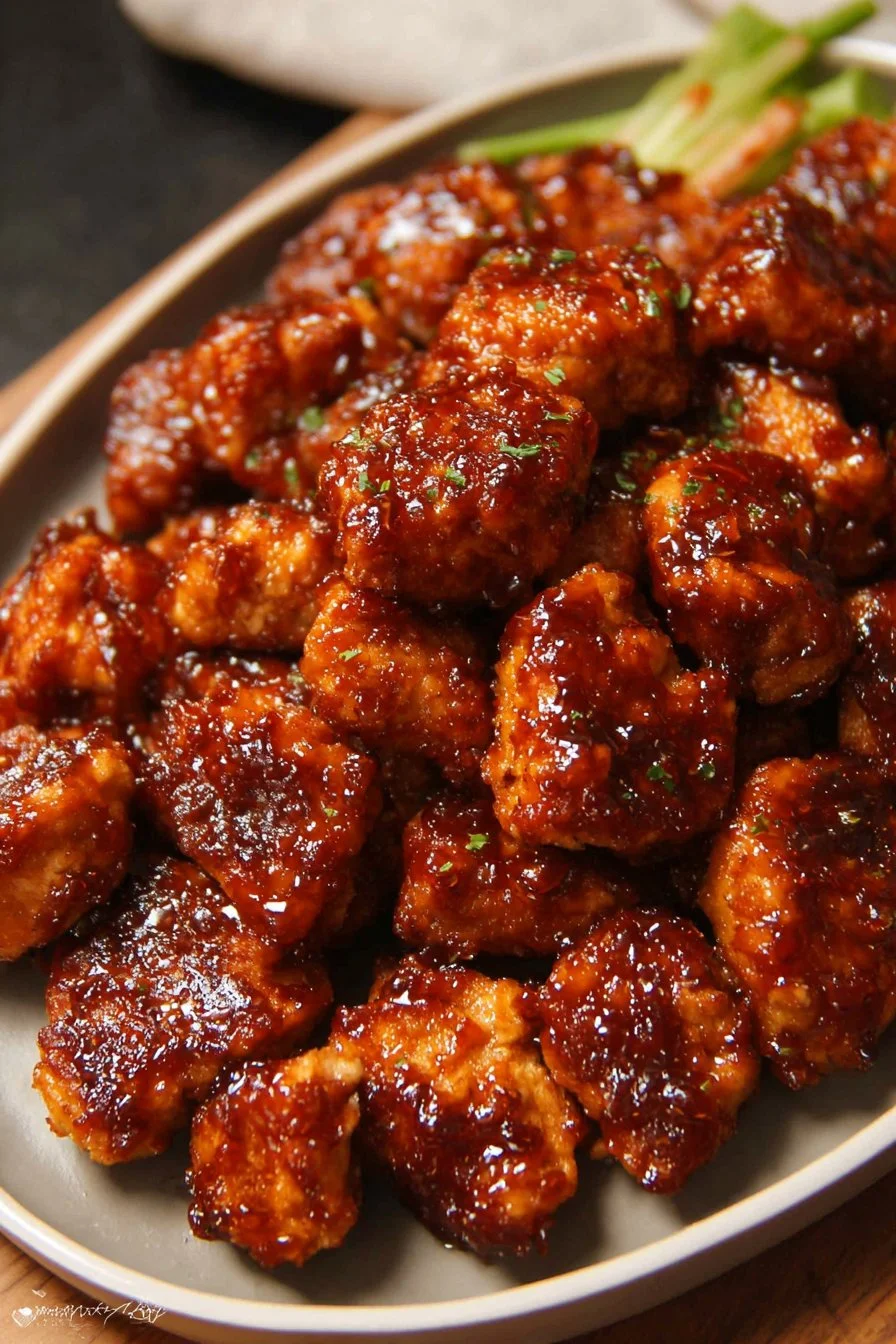 Baked Honey BBQ Chicken Bites served on a platter with dipping sauce