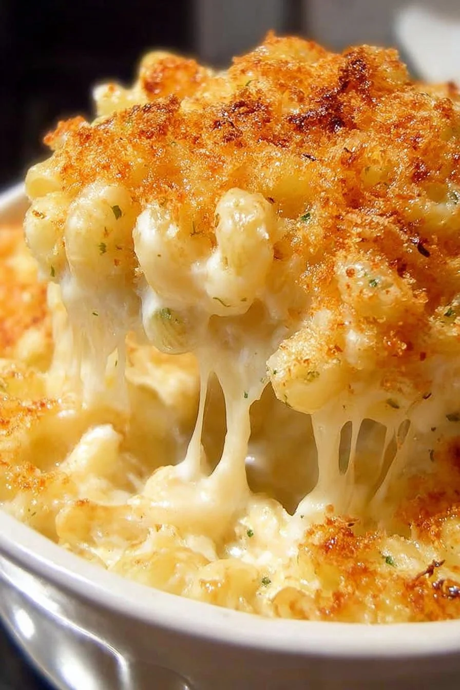 Delicious baked mac and cheese in a creamy cheese sauce with a crispy topping