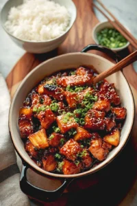 Baked pineapple teriyaki chicken dish with colorful vegetables