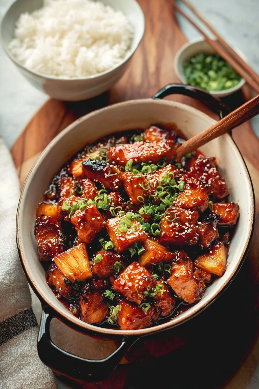 Baked pineapple teriyaki chicken dish with colorful vegetables