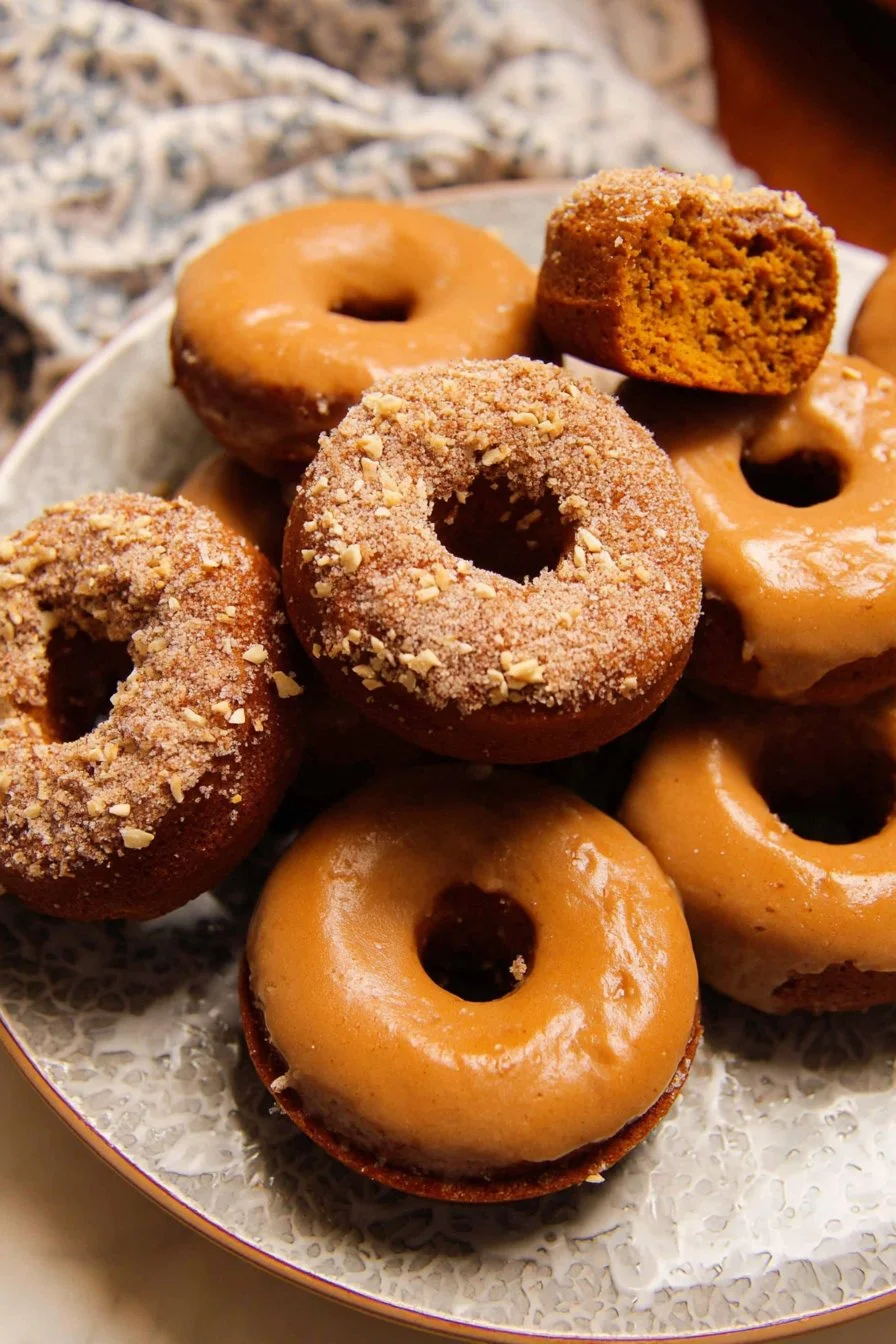 Freshly baked pumpkin donuts topped with cinnamon sugar