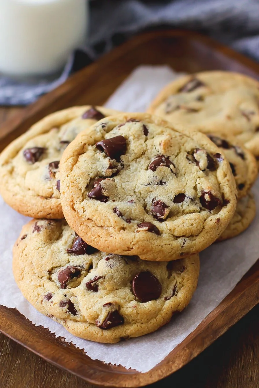 Bakery style chocolate chip cookies with gooey chocolate chips and golden edges