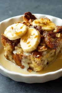 Delicious banana bread pudding topped with caramel sauce and fresh banana slices