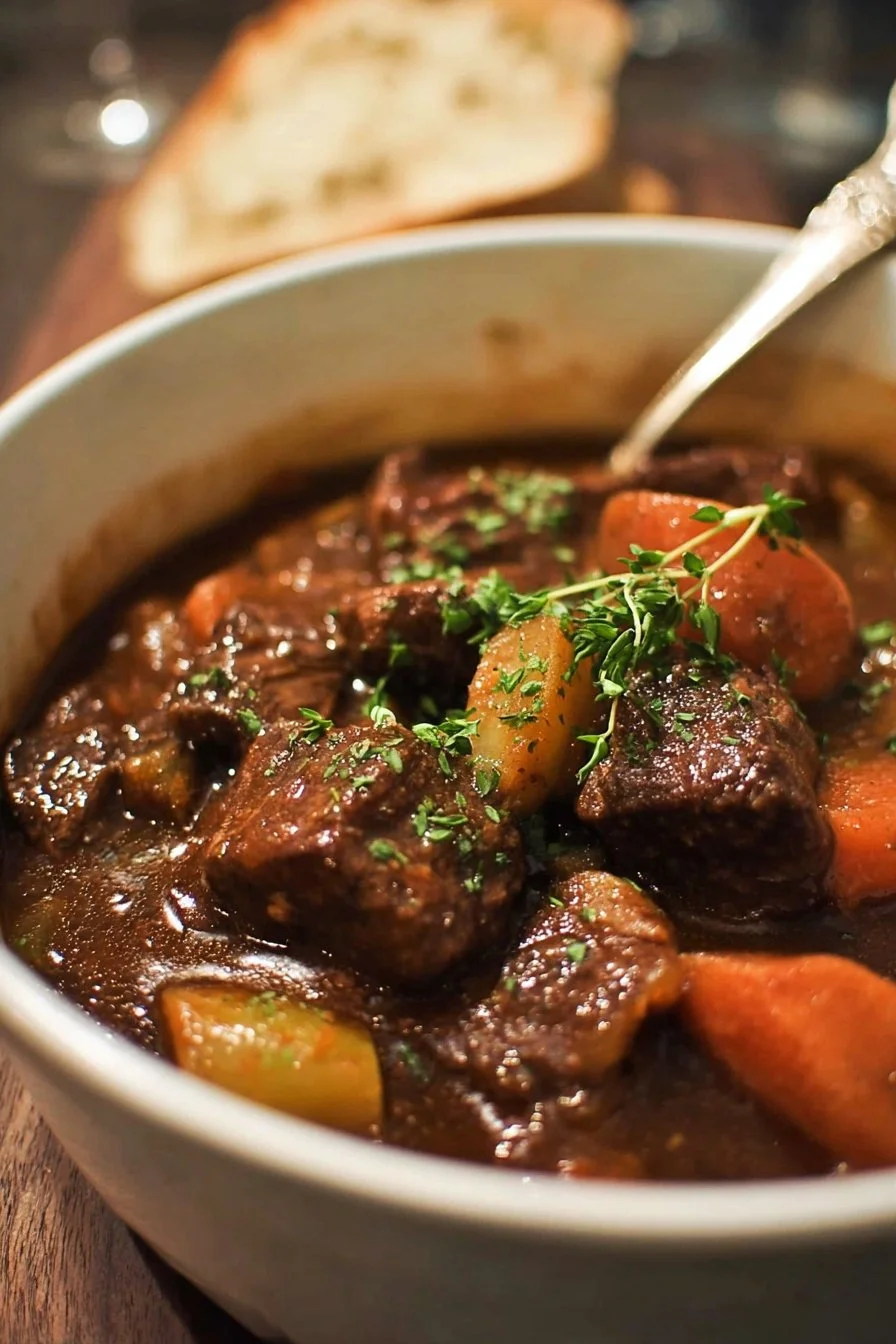 Delicious beef and Guinness stew served in a rustic bowl with fresh herbs.