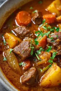 Delicious bowl of best ever beef stew with vegetables and herbs