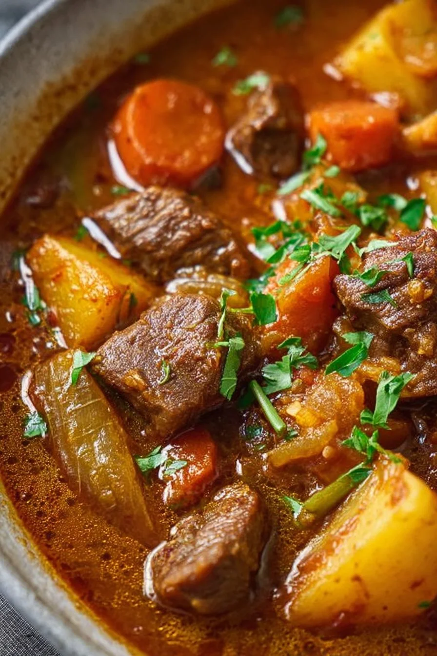Delicious bowl of best ever beef stew with vegetables and herbs