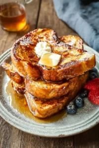 Delicious plate of best French toast garnished with fruit and syrup