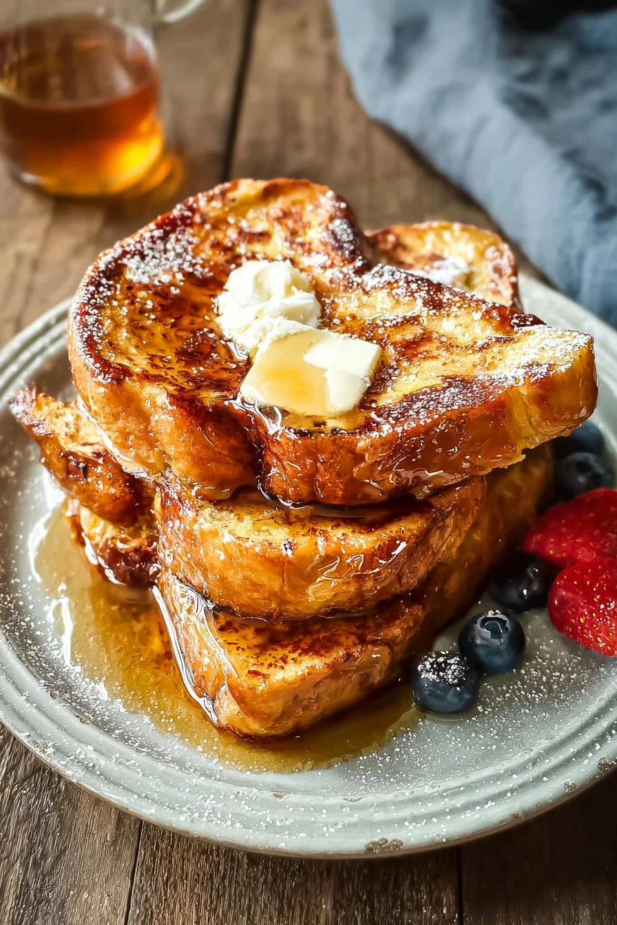 Delicious plate of best French toast garnished with fruit and syrup