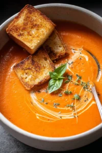 Delicious bowl of homemade tomato soup topped with fresh basil