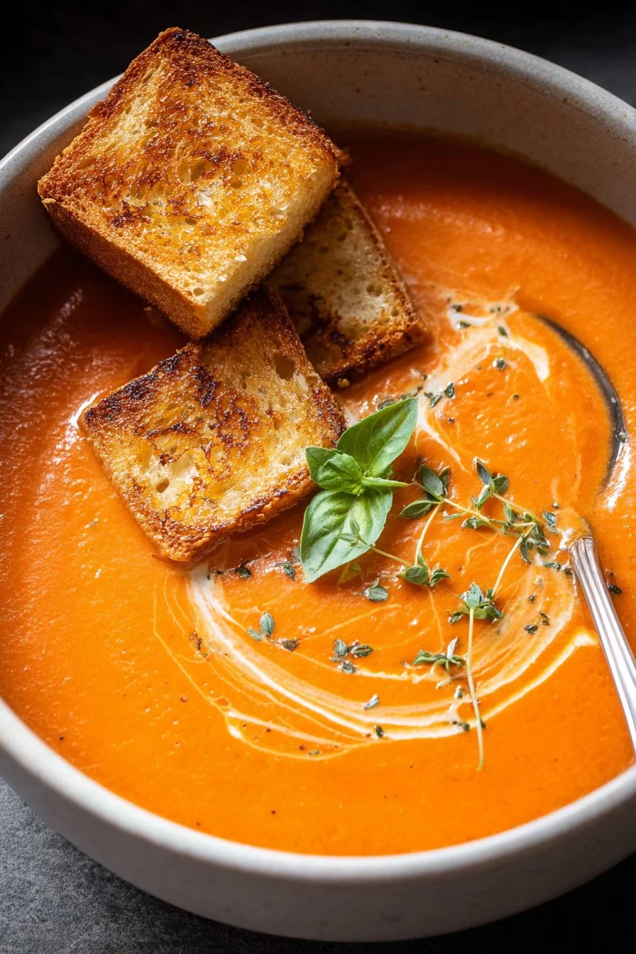 Delicious bowl of homemade tomato soup topped with fresh basil