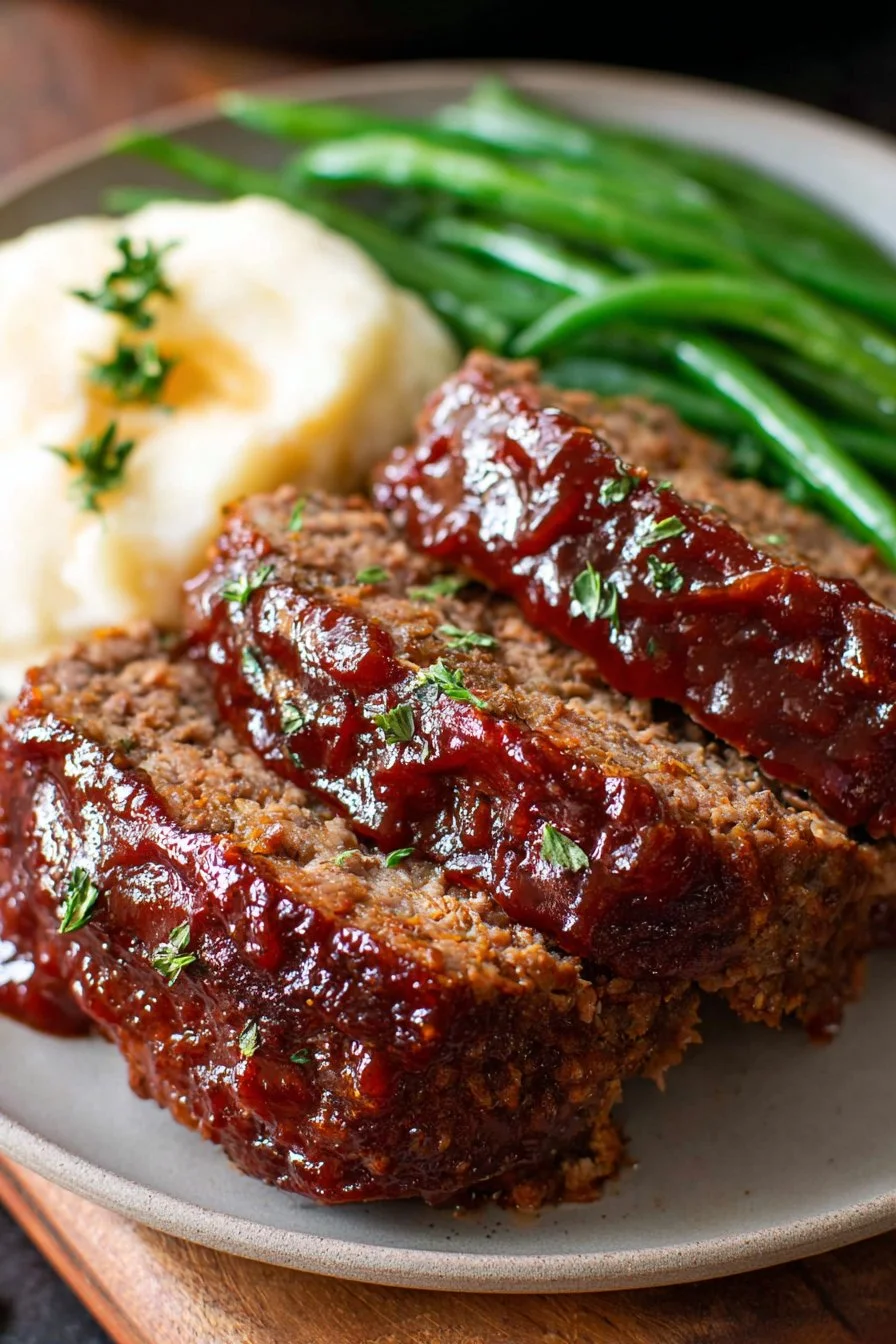 Delicious best meatloaf recipe served with mashed potatoes and green beans