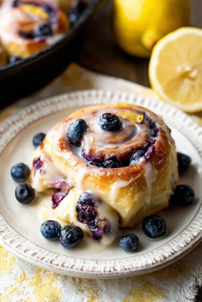 Freshly baked blueberry lemon rolls on a white plate