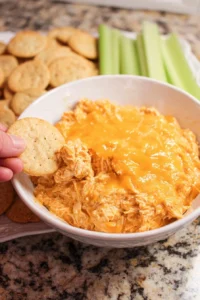 Delicious homemade Buffalo Chicken Dip served with tortilla chips