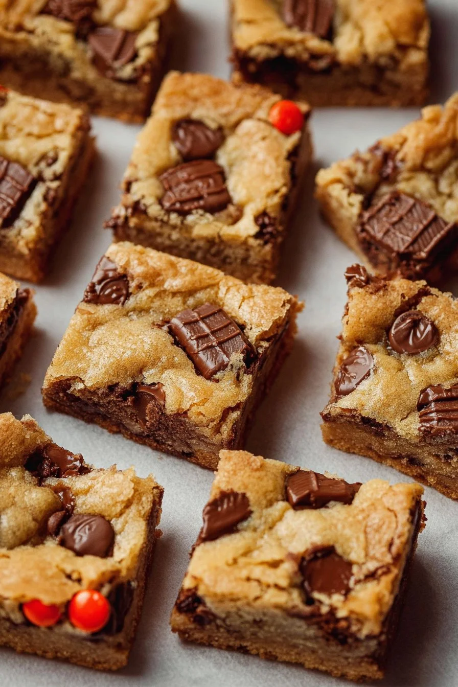 Delicious Candy Bar Blondies drizzled with chocolate and topped with caramel.