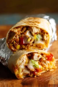 Delicious chicken burrito with fresh ingredients wrapped in a tortilla