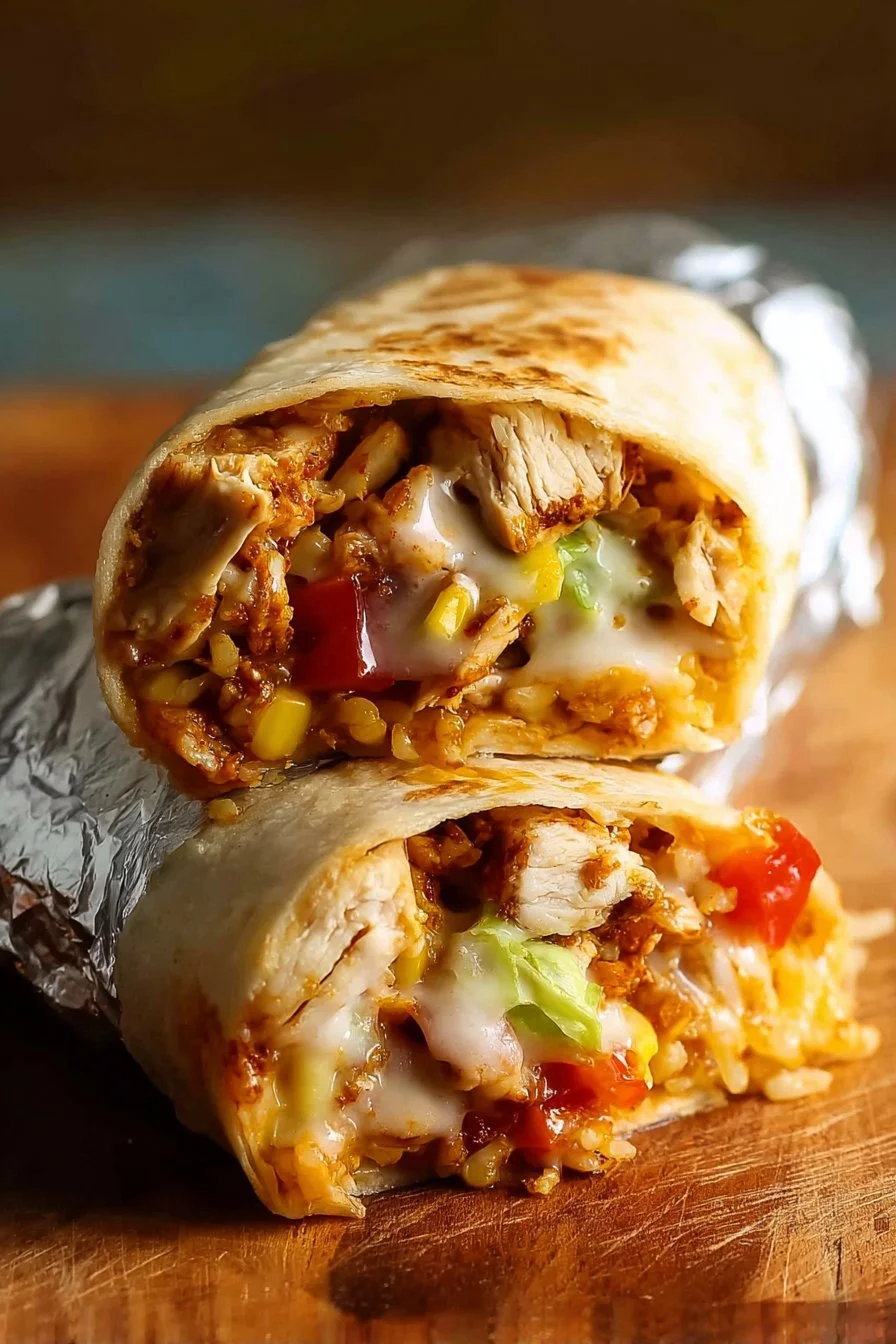 Delicious chicken burrito with fresh ingredients wrapped in a tortilla