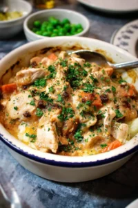 A delicious homemade Chicken Casserole served in a baking dish