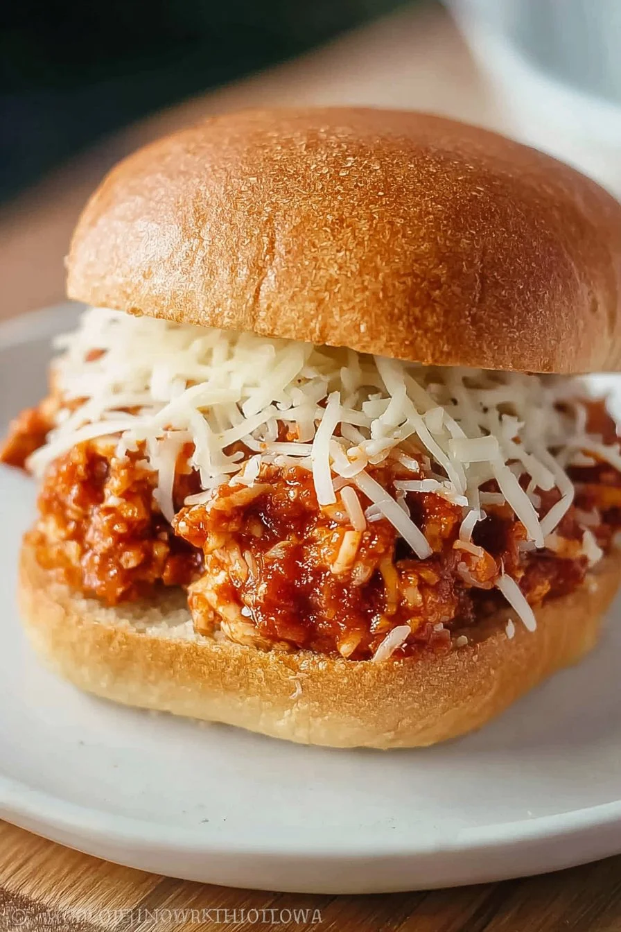 Delicious Chicken Parmesan Sloppy Joes served with melted cheese and marinara sauce