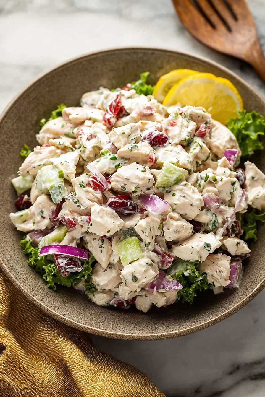 Bowl of homemade chicken salad with fresh vegetables and herbs
