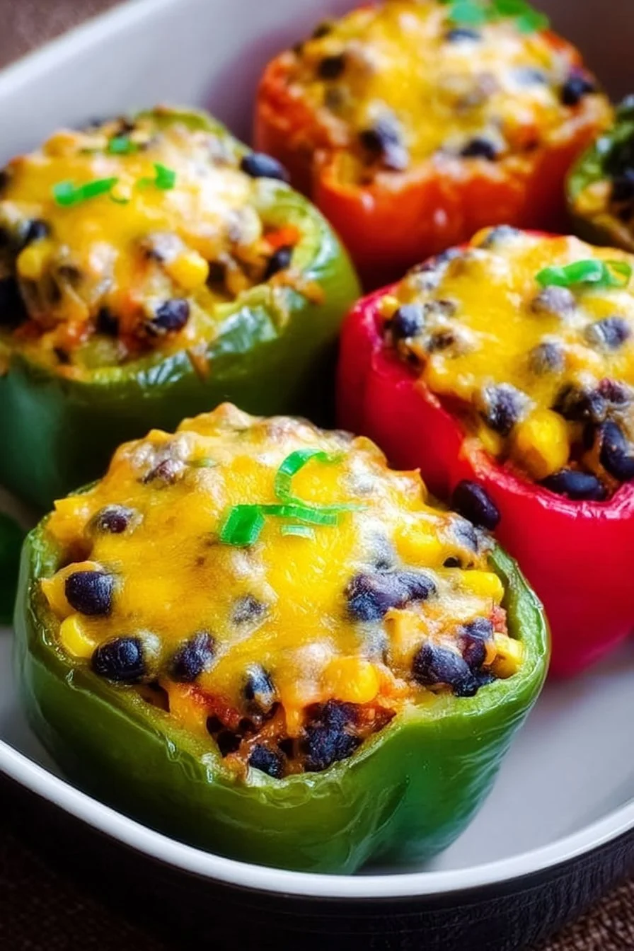 Chipotle Black Bean and Corn Stuffed Peppers served on a plate.