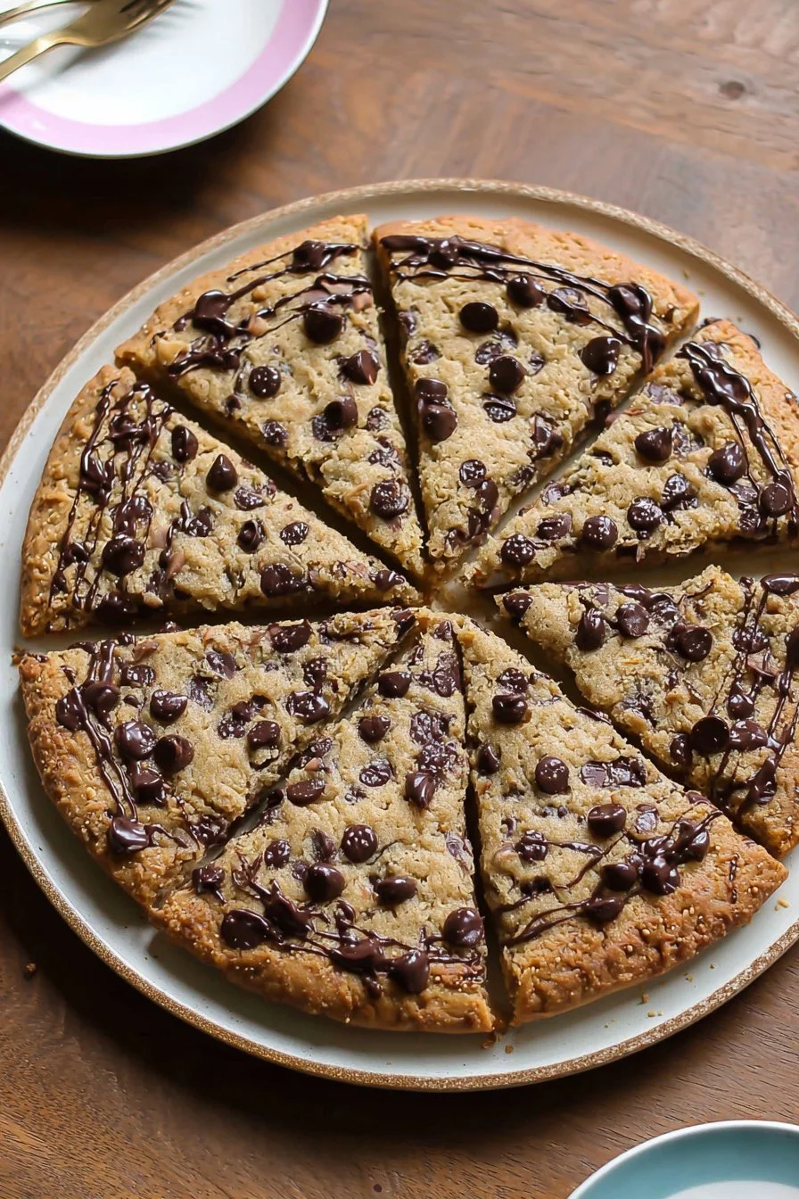 Delicious chocolate chip cookie pizza with melted chocolate and cookie dough.