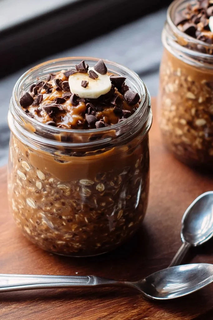 Bowl of chocolate peanut butter overnight oats topped with berries and nuts