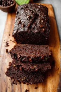 Delicious chocolate-zucchini bread slice on a wooden board