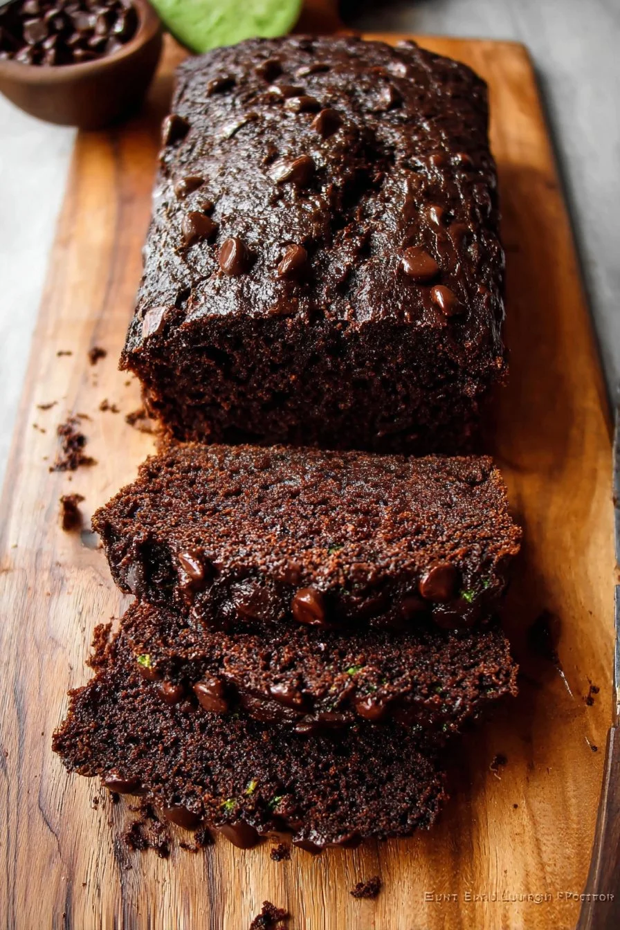 Delicious chocolate-zucchini bread slice on a wooden board