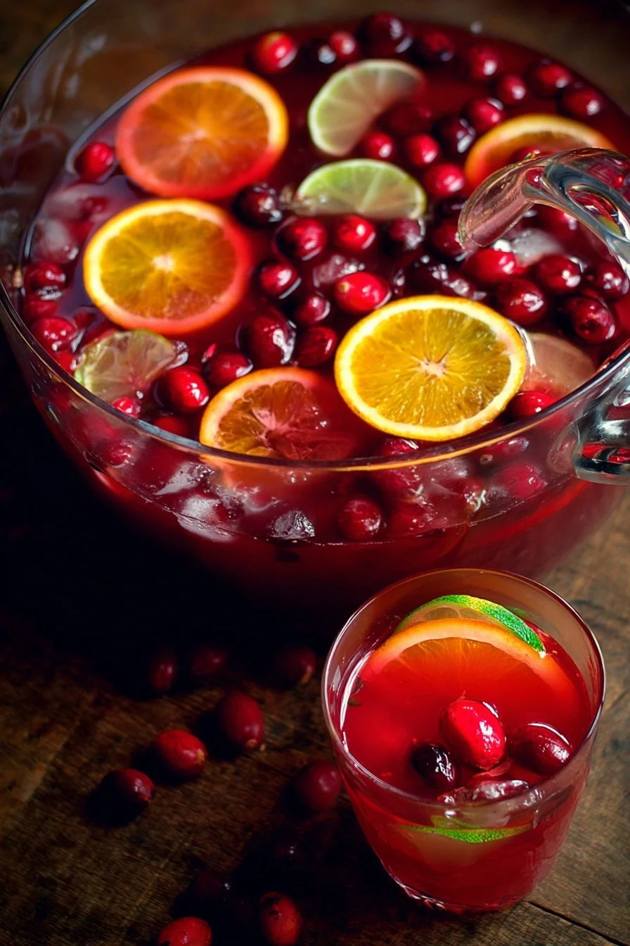 Festive Christmas Punch in a glass, garnished with fruit for the holidays