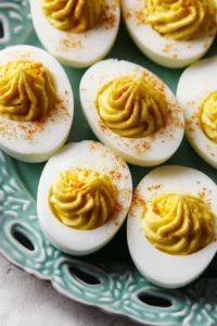 Classic deviled eggs garnished with paprika and chives on a serving platter.