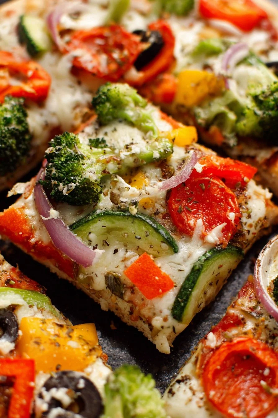Homemade cold veggie pizza appetizer topped with fresh vegetables