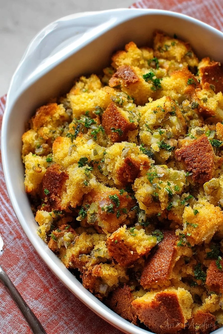 Delicious cornbread stuffing served in a bowl with herbs and spices