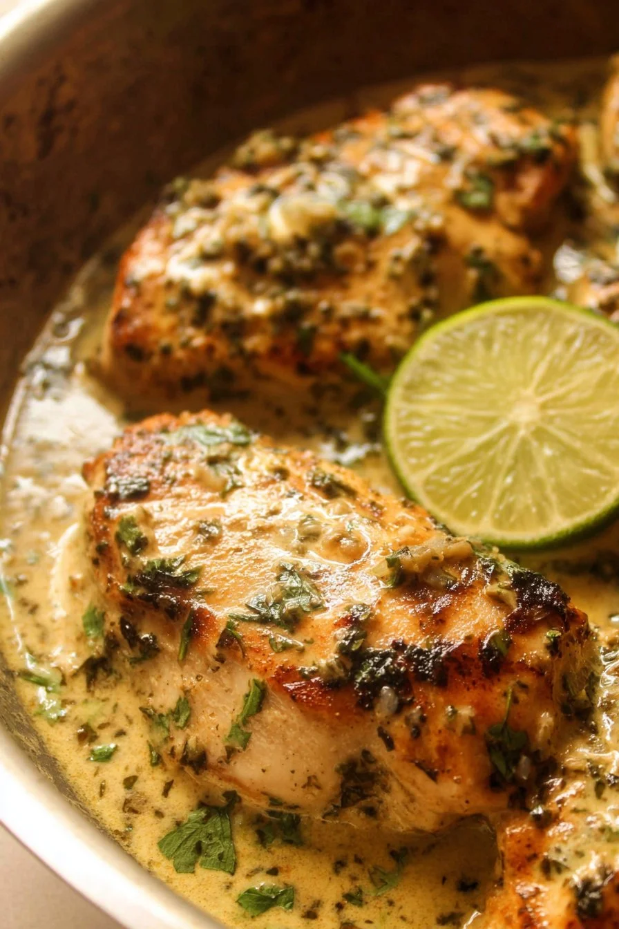 Creamy cilantro lime chicken served with fresh herbs on a plate