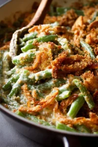 Homemade creamy green bean casserole served in a dish