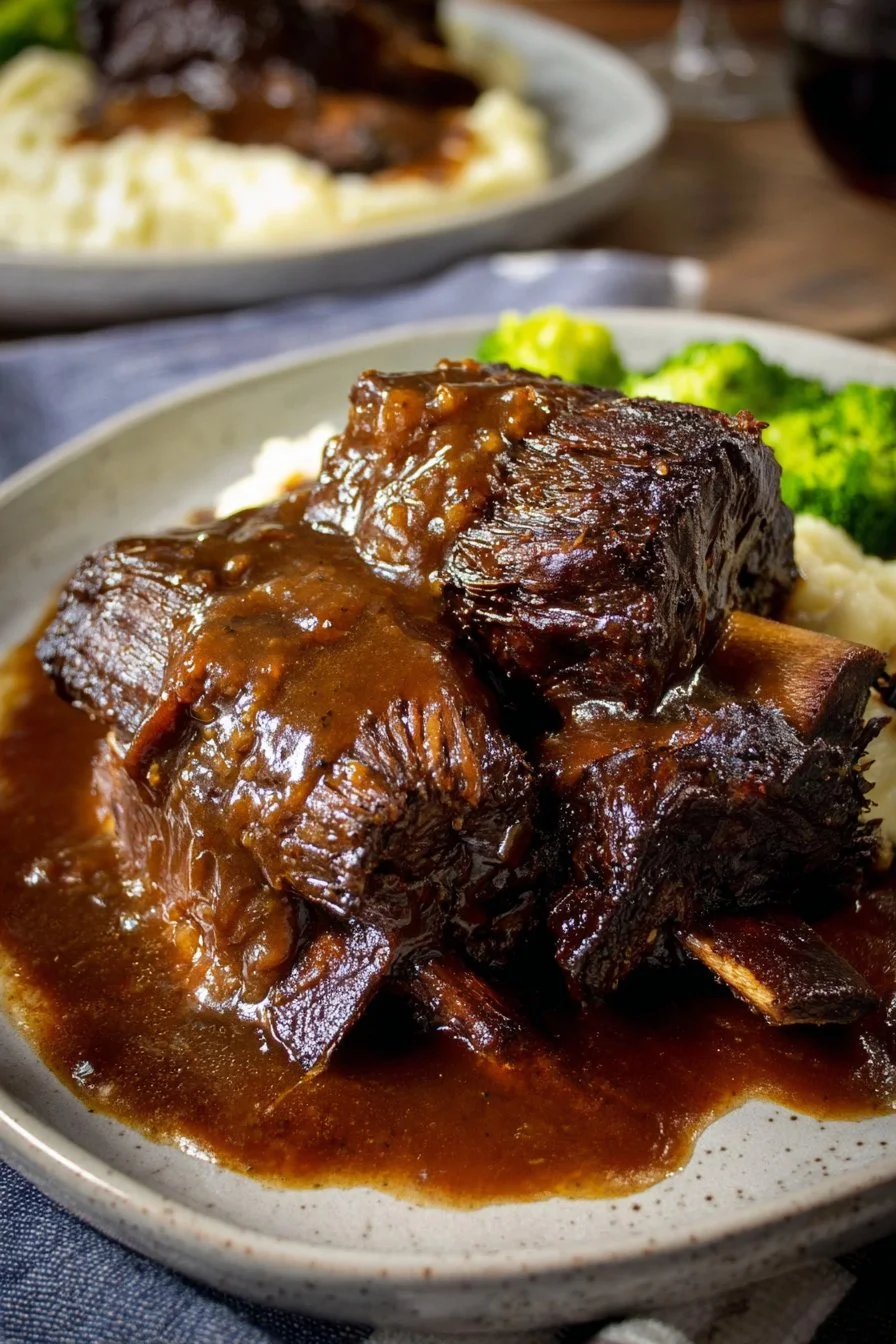 Crockpot beef short ribs in rich gravy served on a plate