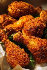 Plate of crunchy crumbed chicken drumsticks served with dipping sauce