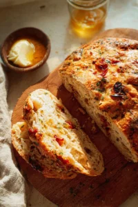 Crusty no-knead pizza bread freshly baked and sliced