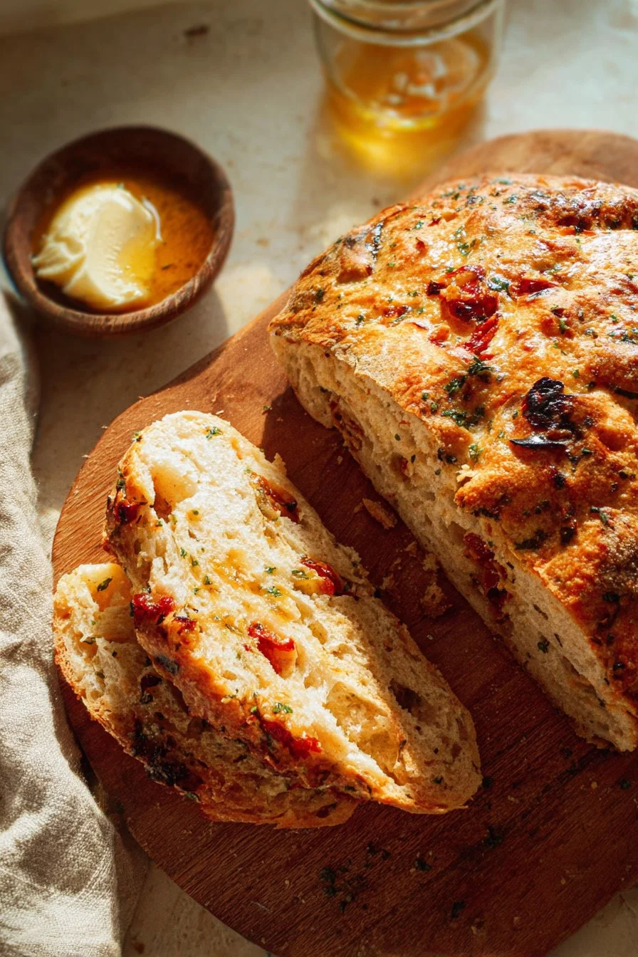 Crusty no-knead pizza bread freshly baked and sliced