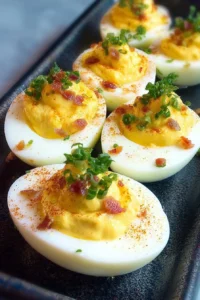 Delicious deviled eggs served on a platter with toppings.