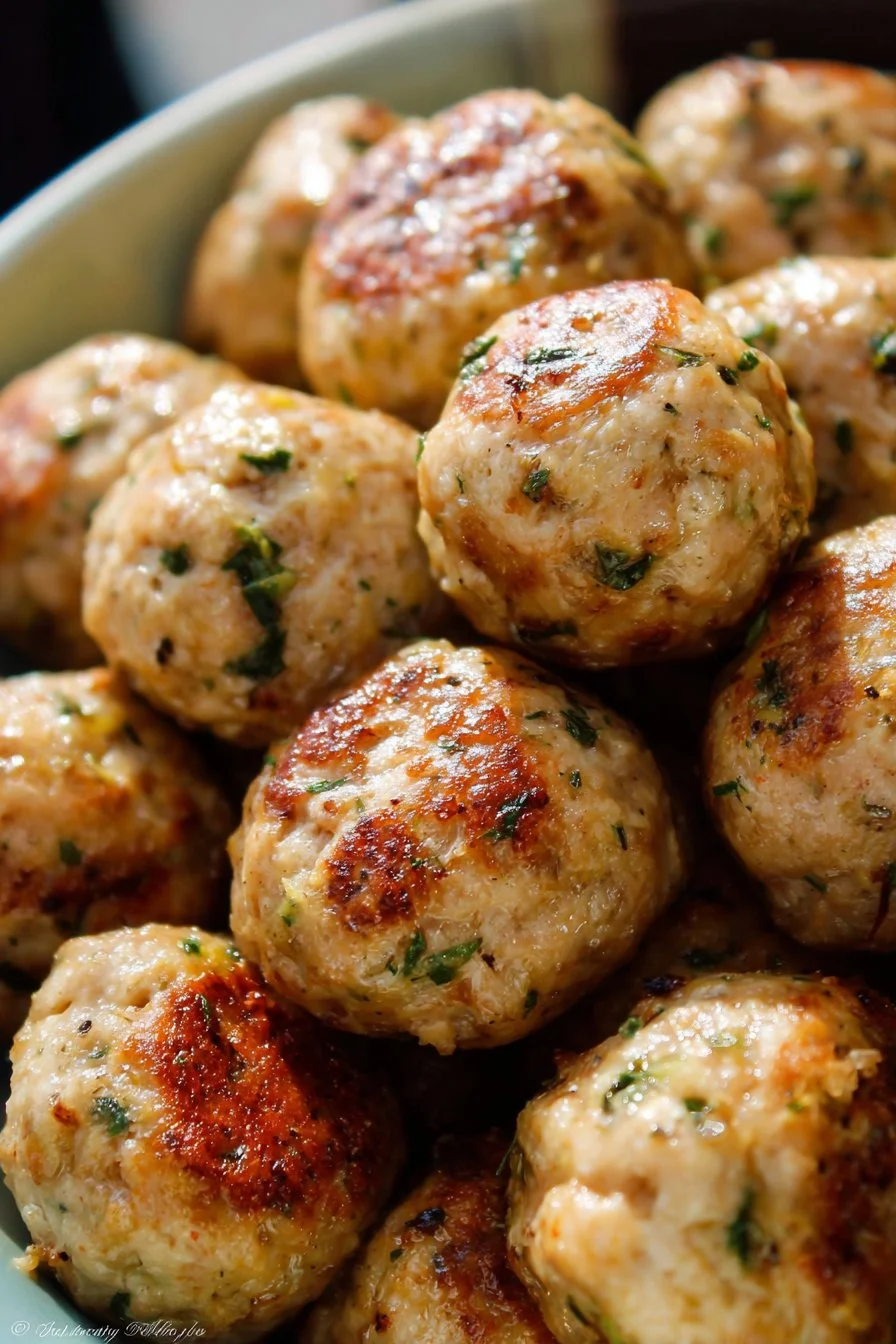 Plate of easy baked chicken meatballs with herbs and sauce