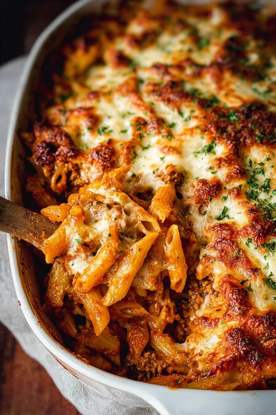 Easy Cheesy Baked Ziti topped with melted cheese and fresh herbs in a baking dish