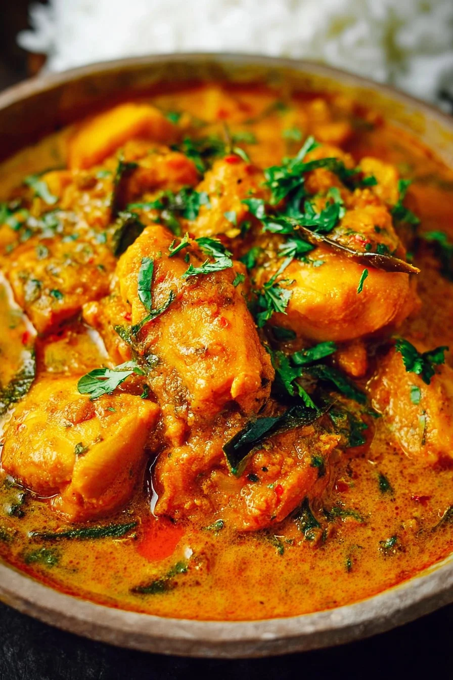 Bowl of easy chicken curry garnished with cilantro and served with rice