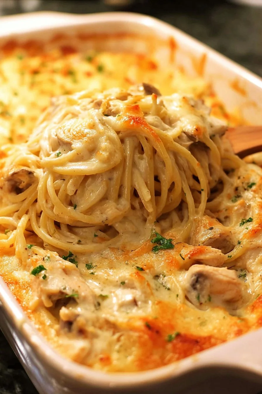 Delicious chicken tetrazzini served with cheese and pasta in a creamy sauce