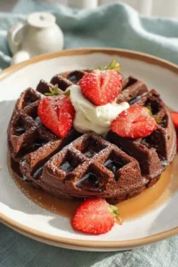 Delicious homemade chocolate waffle topped with berries and whipped cream