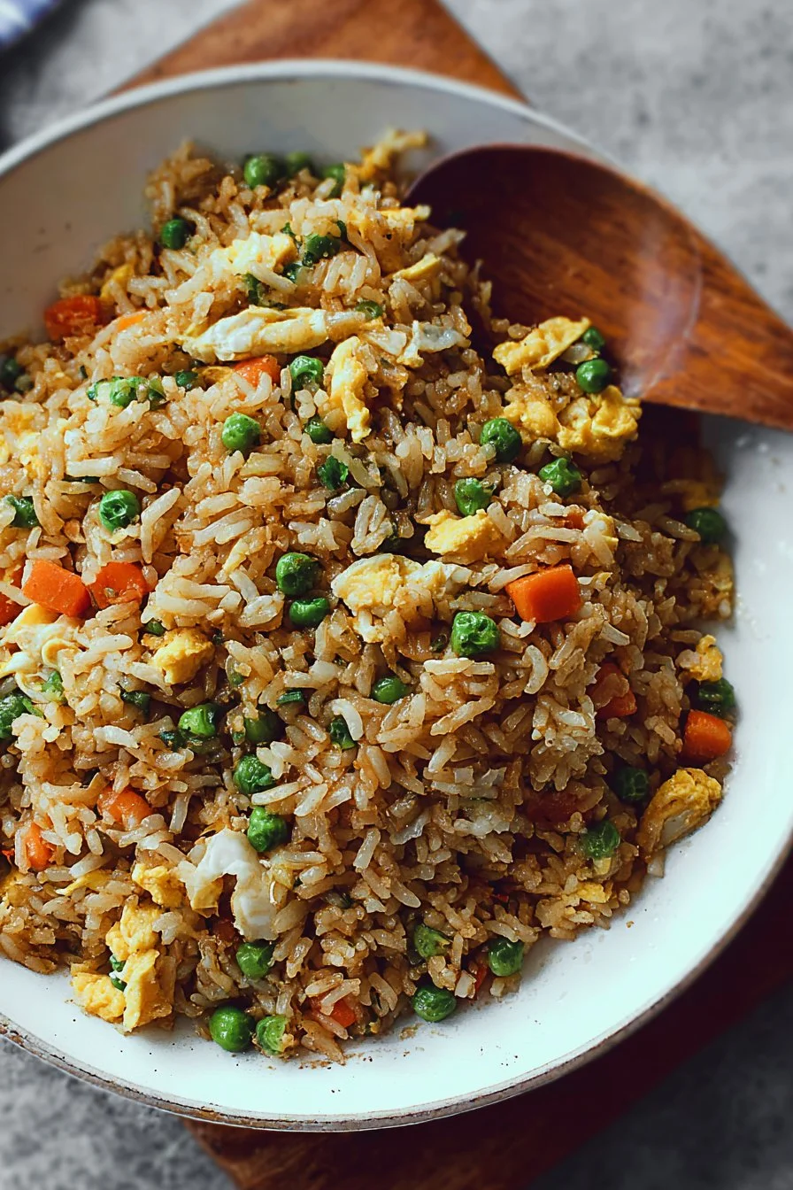 Delicious plate of easy fried rice with vegetables and eggs