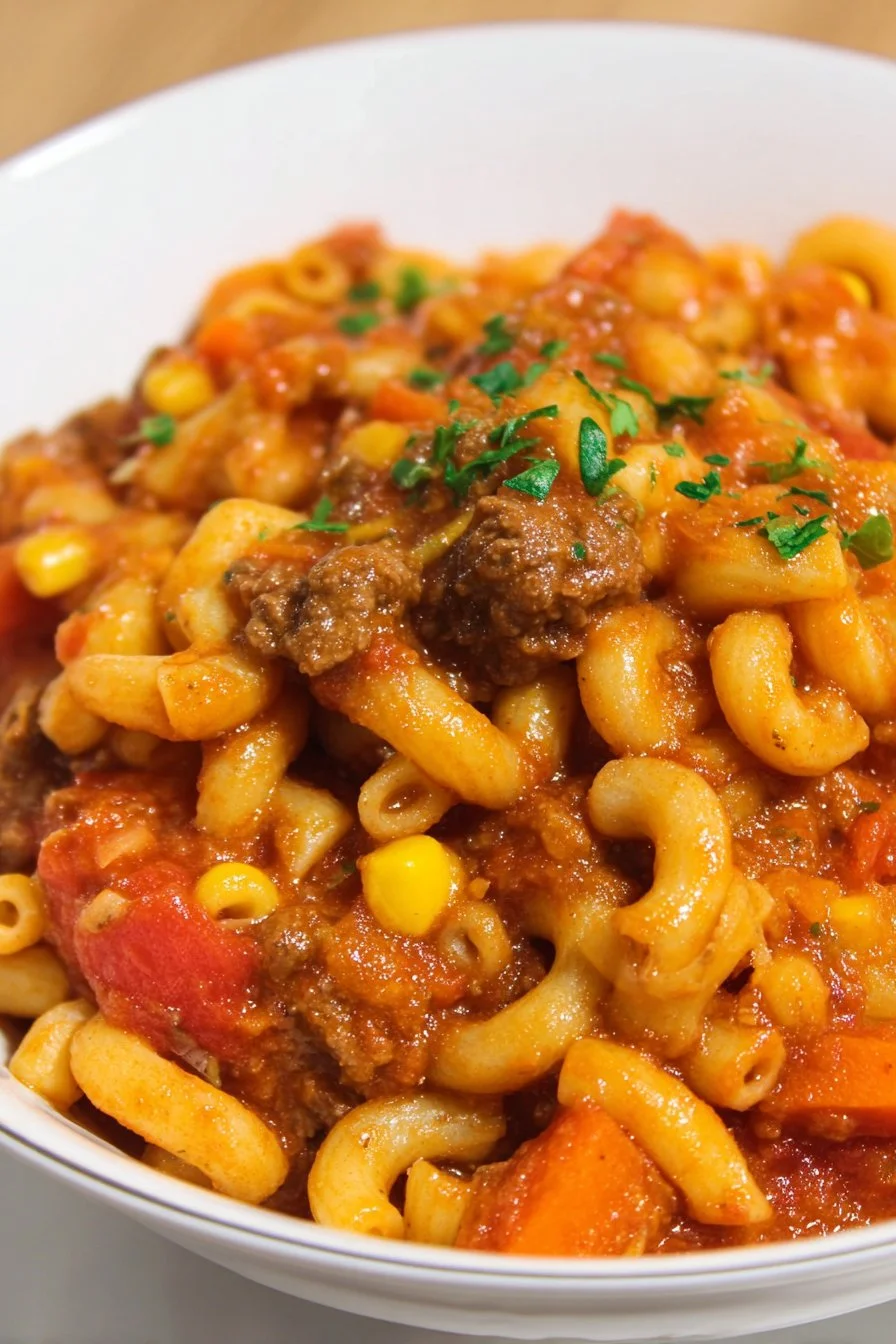 A delicious bowl of easy goulash with noodles and ground beef