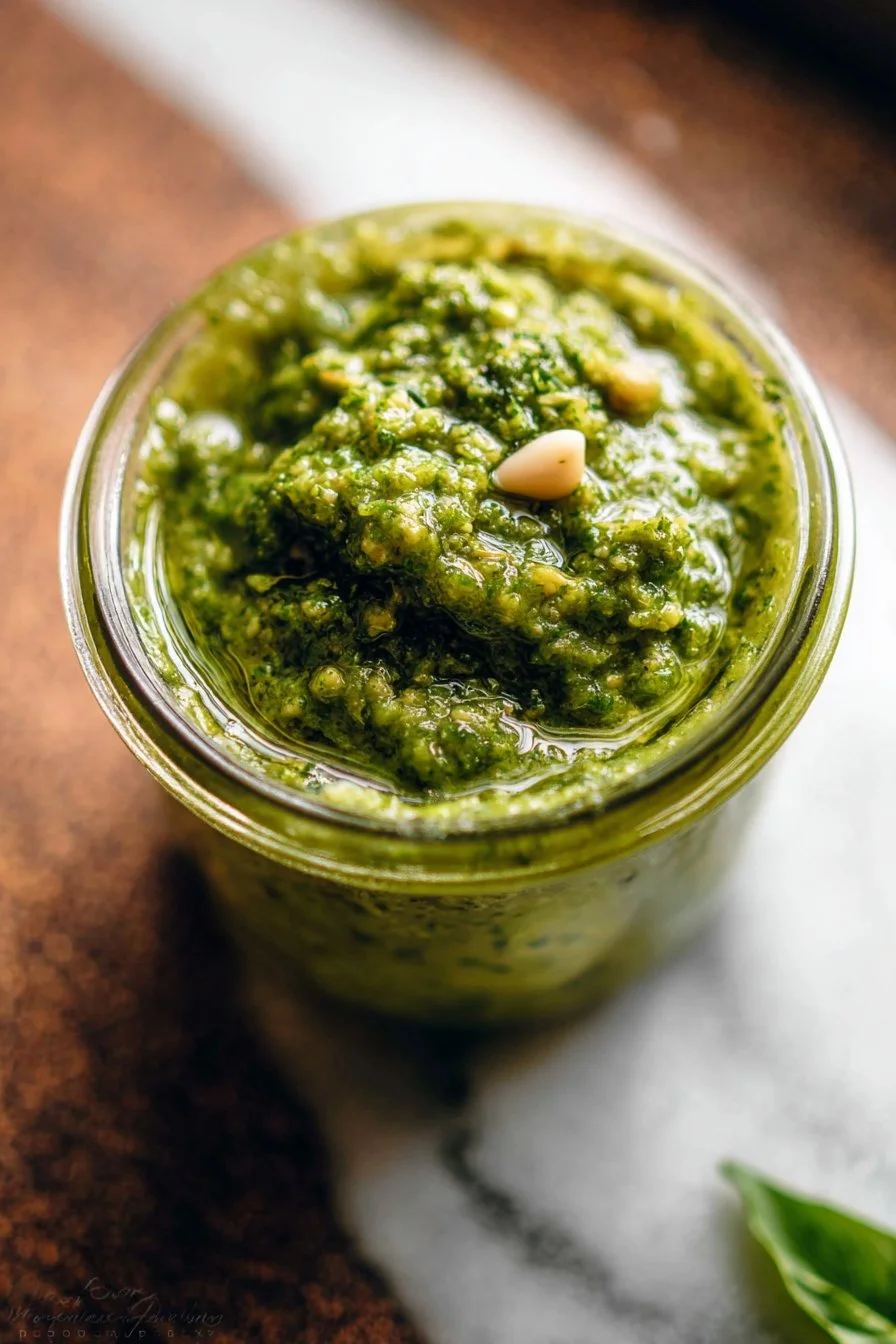 A bowl of homemade pesto with fresh basil, pine nuts, and olive oil.