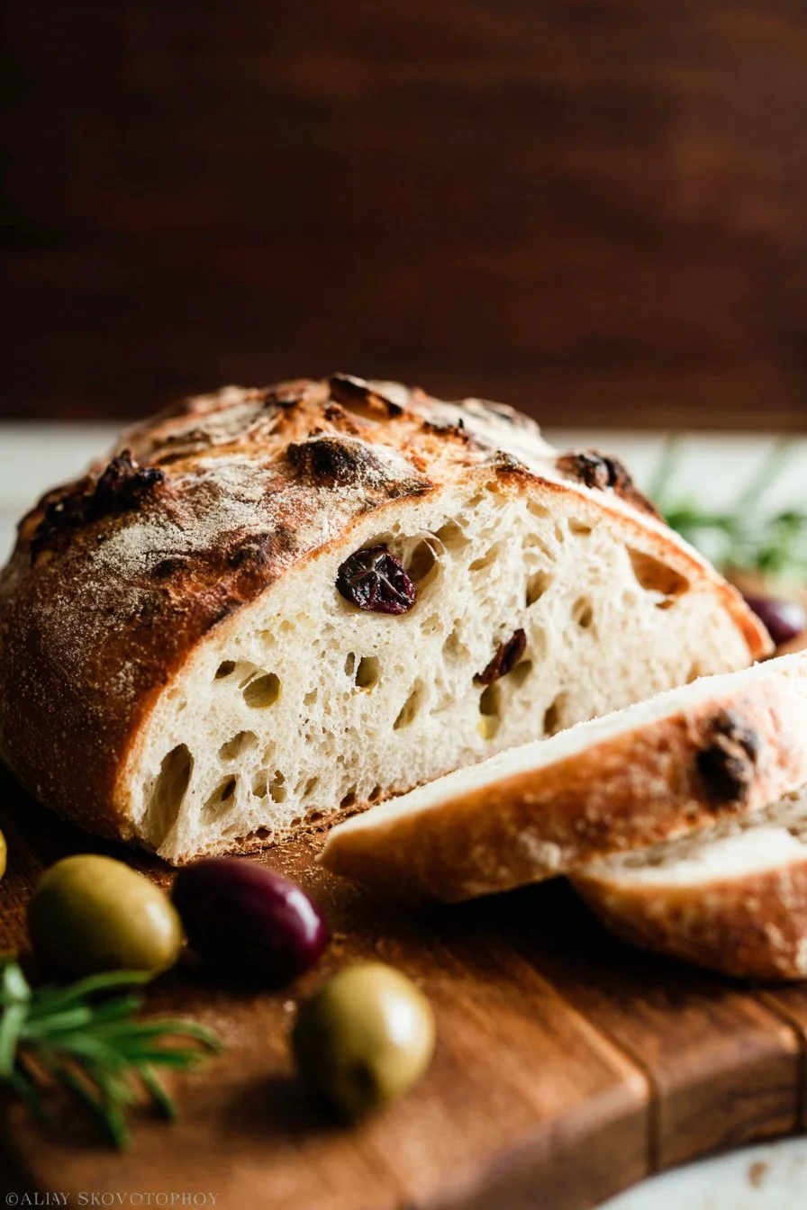 Freshly baked easy no-knead olive bread with herbs and olives
